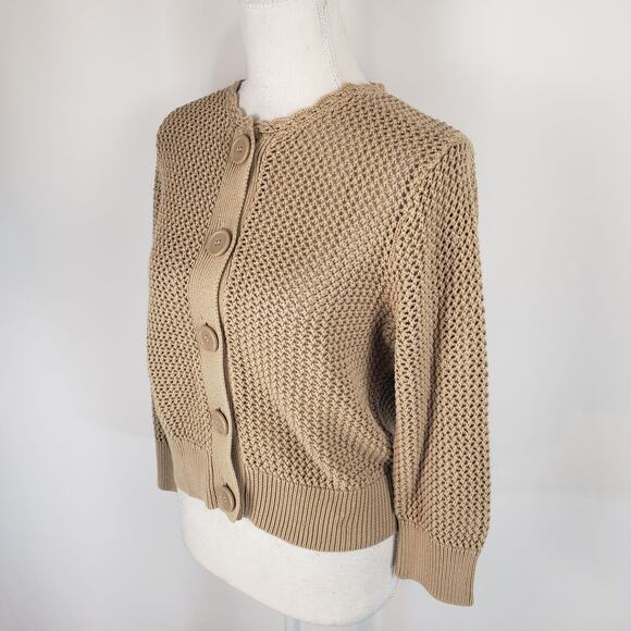 Pointelle Tan Button Up Open Mesh Knit Long Sleeve Crochet Neck Crop Cardigan XL - Picture 5 of 12